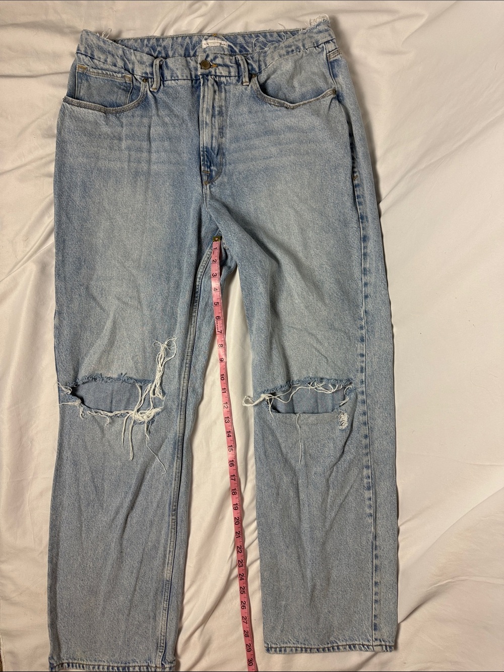 Good American Light Blue Distressed Straight-Leg Boyfriend Jeans